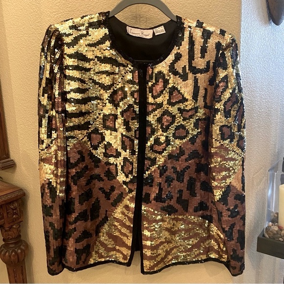 Vintage LAWRENCE KAZAR Women Leopard Print Sequin Silk Jacket Size Large - Picture 1 of 7